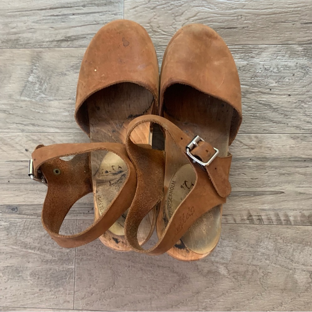 Lotta From Stockholm Wooden Block Heel Leather Buckle Clogs Sandals - Picture 10 of 14